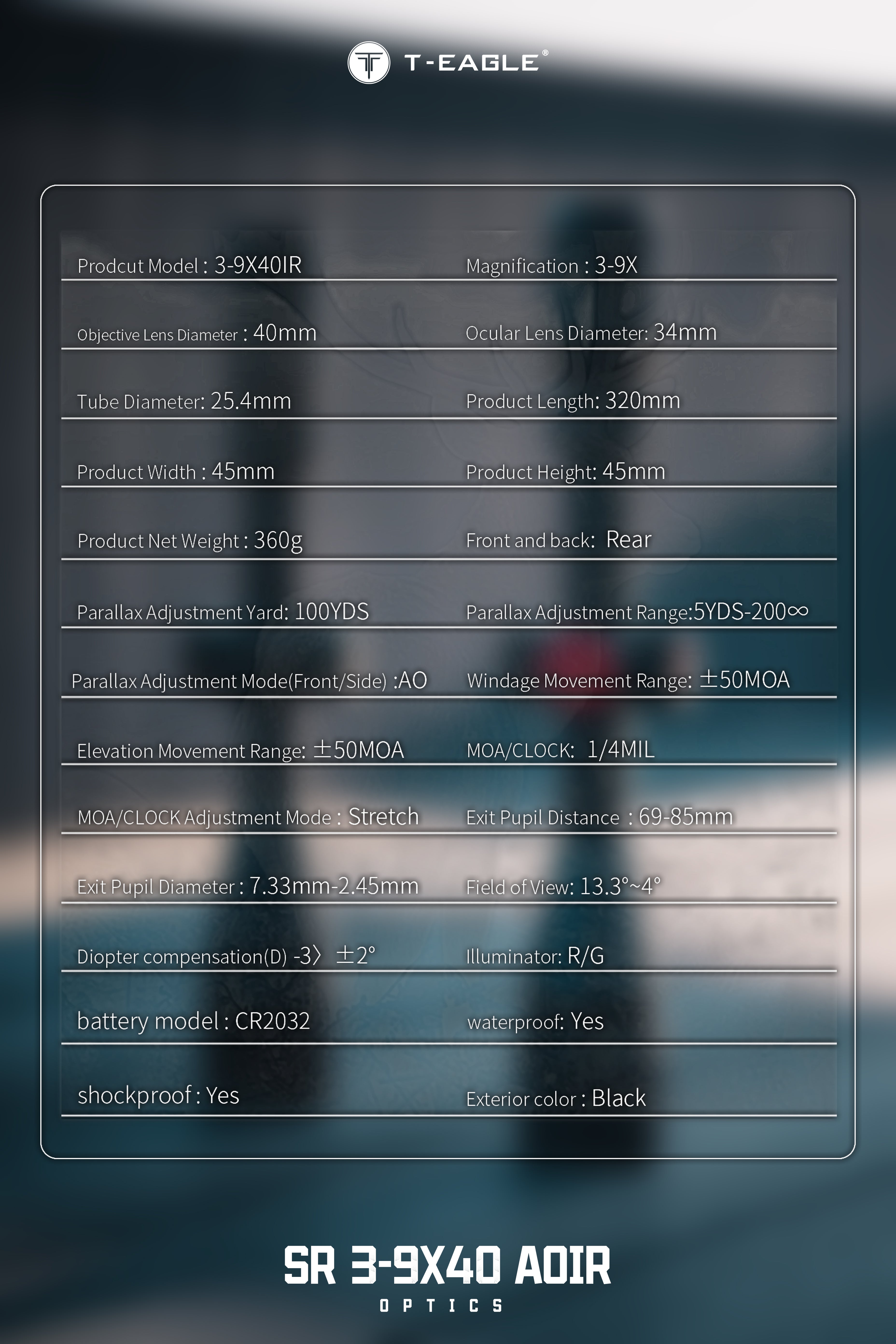 T-EAGLE SR 3-9X40AOIR-Black Riflescope